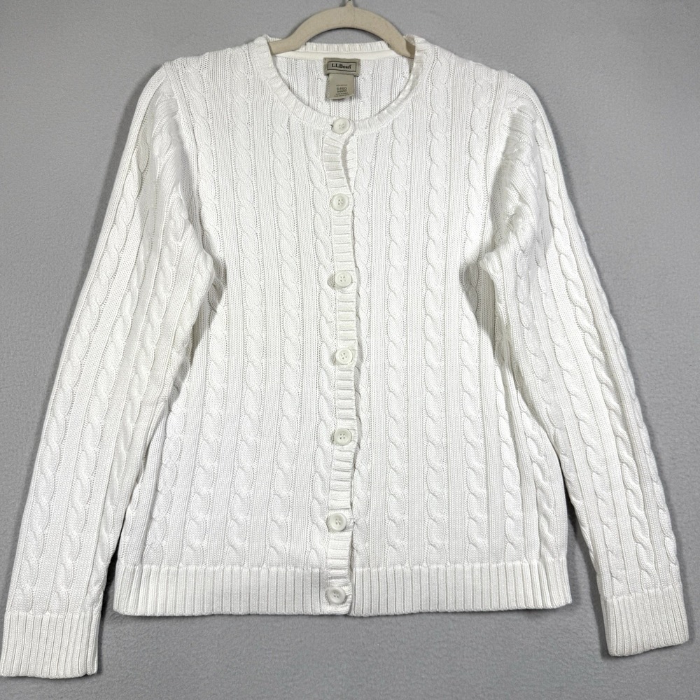LL Bean Sweater Women Small Chunky Cable Knit Crew Neck Cardigan Button Front